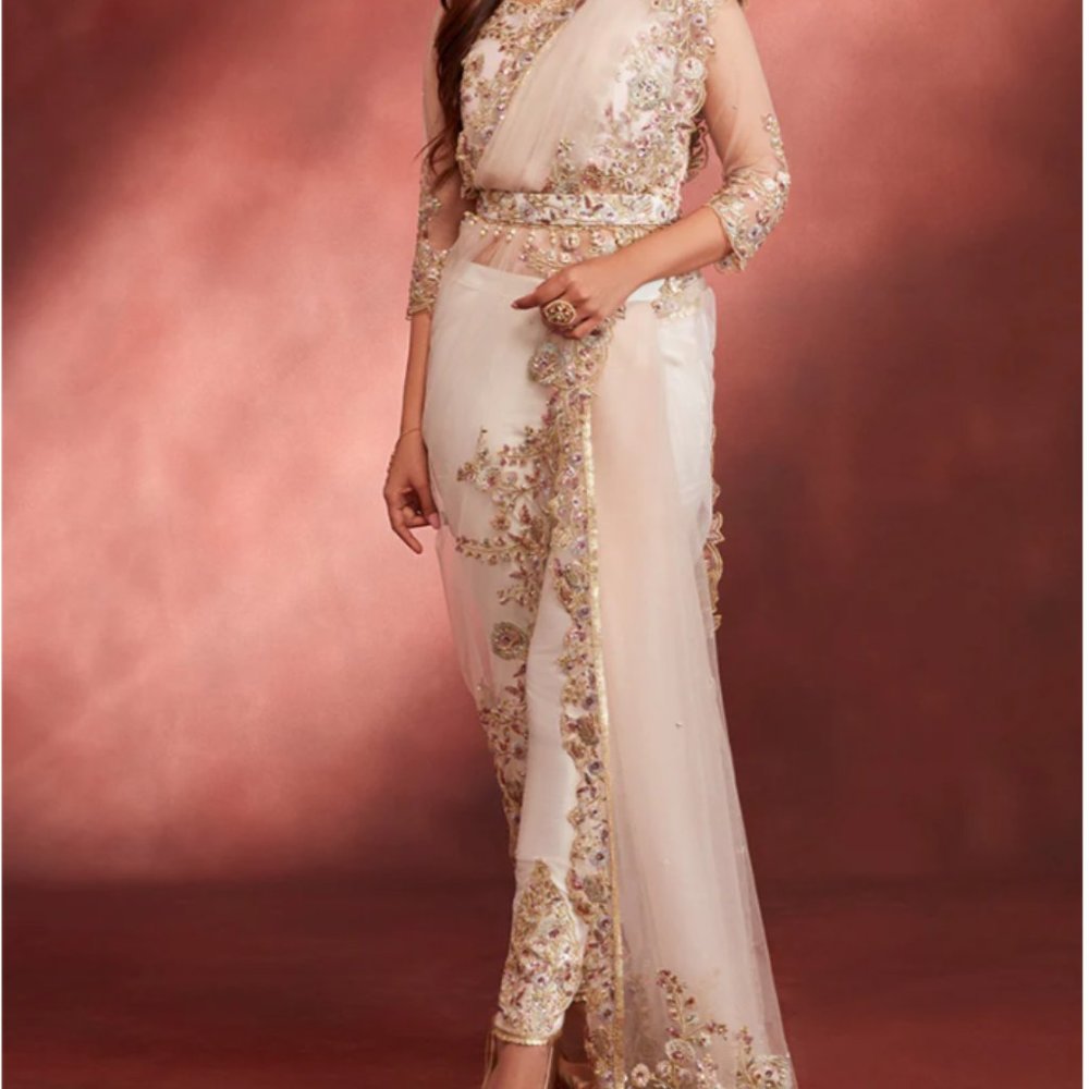 Light Pink Embroidered Pant Style Saree
